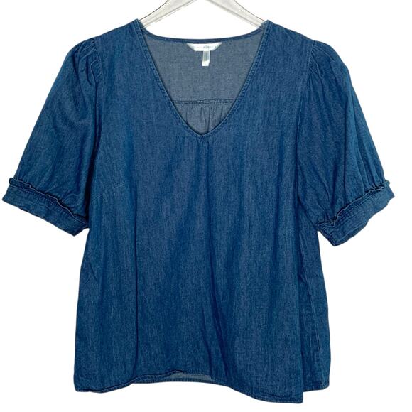 Draper James S Womens Heidi V Neck Top in Chambray Medium Blue - Picture 2 of 10